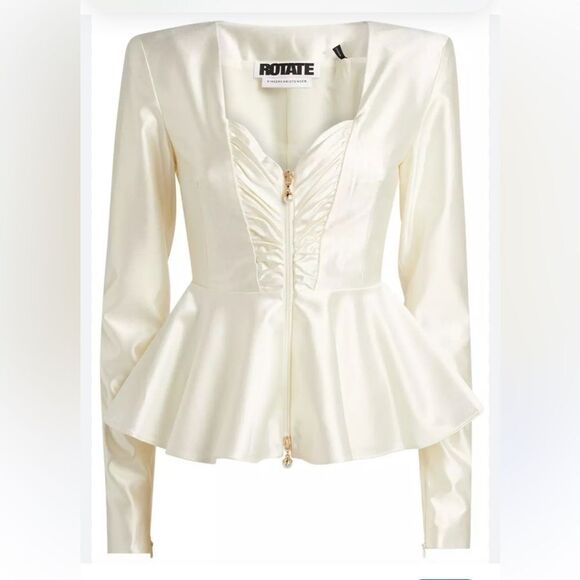 ROTATE BIRGER CHRISTENSEN WHITE ASPARAGUS SATIN RUCHED PEPLUM ANNIE TOP - Picture 2 of 11